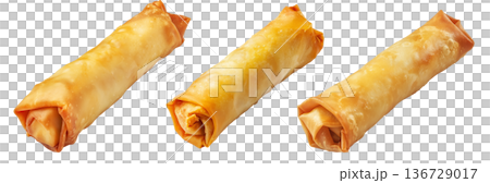Crispy golden spring rolls with flaky texture shown isolated on white transparent background, Asian snack concept Crispy golden spring rolls with flaky texture shown isolated on white transparent background, Asian snack concept 136729017