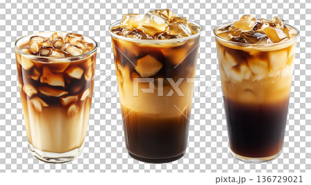 Iced latte Vietnamese Ca Phe Sua Da made with cold milk and espresso in tall clear glass, isolated on white background Iced latte Vietnamese Ca Phe Sua Da made with cold milk and espresso in tall clear glass, isolated on white background 136729021
