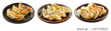 Golden pan-fried Japanese gyoza dumplings served on plate, isolated on white background, concept of Asian cuisine Golden pan-fried Japanese gyoza dumplings served on plate, isolated on white background, concept of Asian cuisine 136729025