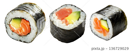 Sushi roll Maki with salmon, avocado, cucumber and rice wrapped in seaweed, isolated on white transparent background 136729029