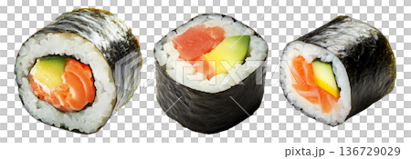 Sushi roll Maki with salmon, avocado, cucumber and rice wrapped in seaweed, isolated on white transparent background 136729029