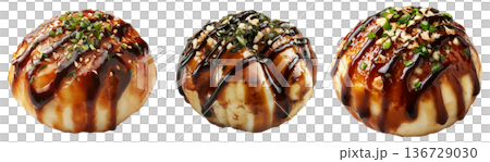 Japanese takoyaki ball topped with thick sauce, green onions and bonito flakes, isolated on white transparent background 136729030