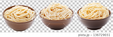 Japanese udon noodles served in light broth, top view and isolated on white background, representing Japanese cuisine 136729031