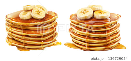Stack of golden pancakes topped with banana slices and syrup, isolated on white transparent background Stack of golden pancakes topped with banana slices and syrup, isolated on white transparent background 136729034