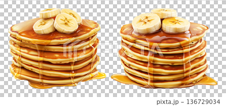 Stack of golden pancakes topped with banana slices and syrup, isolated on white transparent background Stack of golden pancakes topped with banana slices and syrup, isolated on white transparent background 136729034