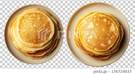 Fluffy stack of golden pancakes served on a beige ceramic plate, isolated on white transparent background Fluffy stack of golden pancakes served on a beige ceramic plate, isolated on white transparent background 136729035