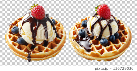 Waffle topped with vanilla ice cream, chocolate syrup, raspberry, and blueberries isolated on white background 136729036