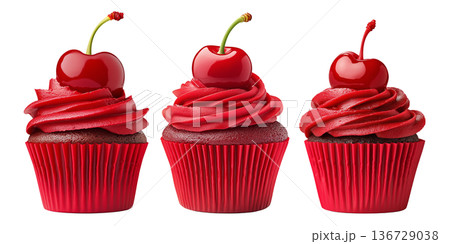 Chocolate cupcake with red frosting and cherry on top, isolated on white background, concept of dessert and sweets 136729038