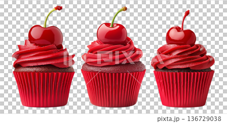 Chocolate cupcake with red frosting and cherry on top, isolated on white background, concept of dessert and sweets 136729038