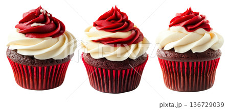 Chocolate cupcake with smooth white and red frosting swirl, isolated on white background. Concept of sweet dessert treat 136729039