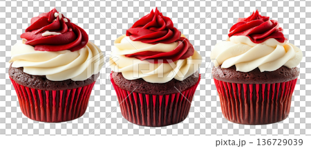 Chocolate cupcake with smooth white and red frosting swirl, isolated on white background. Concept of sweet dessert treat 136729039