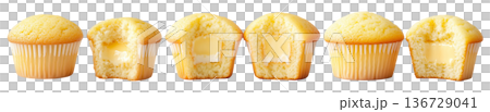Two halves of a vanilla cupcake with creamy filling shown in cross-section, isolated on white transparent background Two halves of a vanilla cupcake with creamy filling shown in cross-section, isolated on white transparent background 136729041