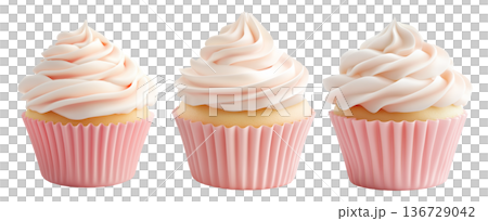 Vanilla cupcake with smooth pink whipped cream frosting in soft pink wrapper isolated on white transparent background Vanilla cupcake with smooth pink whipped cream frosting in soft pink wrapper isolated on white transparent background 136729042
