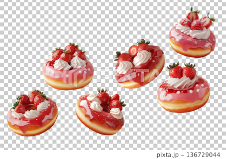 Delicious strawberry donuts with whipped cream and glossy pink glaze isolated on white background, concept of sweet dessert snacks Delicious strawberry donuts with whipped cream and glossy pink glaze isolated on white background, concept of sweet dessert snacks 136729044