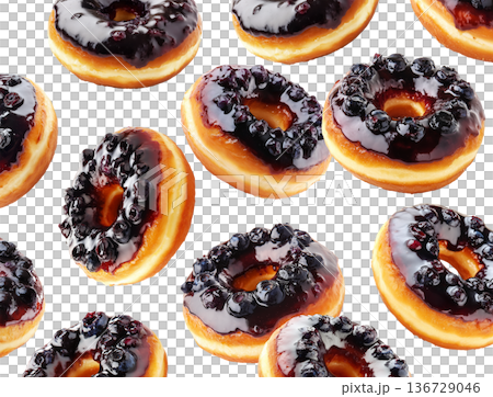 Multiple blueberry glazed donuts with shiny icing and berries scattered in a seamless pattern on white background 136729046