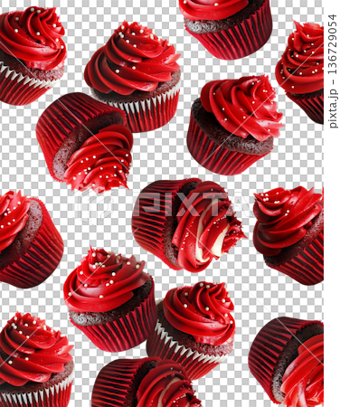 Chocolate cupcakes with red frosting and sprinkles, isolated on white background. Concept of dessert, sweets, celebration treat Chocolate cupcakes with red frosting and sprinkles, isolated on white background. Concept of dessert, sweets, celebration treat 136729054