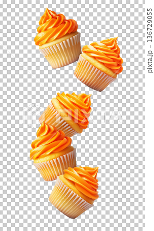 Multiple orange frosted cupcakes scattered in a seamless pattern isolated on a white background, concept of dessert variety Multiple orange frosted cupcakes scattered in a seamless pattern isolated on a white background, concept of dessert variety 136729055