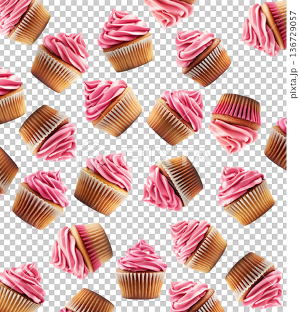 Multiple pink frosted cupcakes in paper liners scattered and isolated on white background, showcasing sweet dessert concept Multiple pink frosted cupcakes in paper liners scattered and isolated on white background, showcasing sweet dessert concept 136729057
