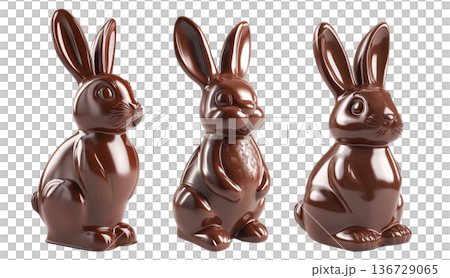 Set of chocolate bunny figurine with glossy surface, isolated on white transparent background. Easter and confectionery concept Set of chocolate bunny figurine with glossy surface, isolated on white transparent background. Easter and confectionery concept 136729065