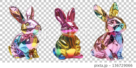 Set of metallic rabbit shaped balloon with vibrant colors including pink, gold, blue, and green, on white transparent background Set of metallic rabbit shaped balloon with vibrant colors including pink, gold, blue, and green, on white transparent background 136729066
