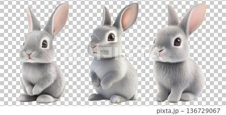 Set of fluffy gray rabbit sitting with perked ears, isolated on white transparent background. Concept of Easter 136729067