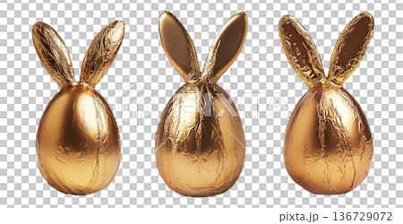 Set of Golden foil wrapped Easter chocolate shaped like a bunny with ears, isolated on white transparent background Set of Golden foil wrapped Easter chocolate shaped like a bunny with ears, isolated on white transparent background 136729072