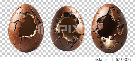 Set of Cracked Easter chocolate egg with hollow center, isolated on white transparent background. Festive holiday candy concept Set of Cracked Easter chocolate egg with hollow center, isolated on white transparent background. Festive holiday candy concept 136729073