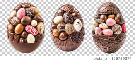 Assortment of chocolate Easter eggs in decorative chocolate shell, isolated on white transparent background. Assortment of chocolate Easter eggs in decorative chocolate shell, isolated on white transparent background. 136729074
