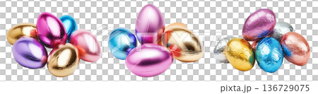 Set of Chocolate Easter eggs wrapped in metallic foil of gold, silver, pink, and blue isolated on white transparent background Set of Chocolate Easter eggs wrapped in metallic foil of gold, silver, pink, and blue isolated on white transparent background 136729075