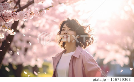 満開の桜の中で笑顔を見せる若い日本人女性 春の新生活と希望のイメージ 136729368
