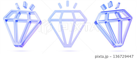 Sparkling diamond line icon 3D set with holographic gradient. Luxury brilliant stone, jewelry glow gemstone, shiny purple blue glass crystal, royal precious gem. Concept of value. 3D illustration Sparkling diamond line icon 3D set with holographic gradient. Luxury brilliant stone, jewelry glow gemstone, shiny purple blue glass crystal, royal precious gem. Concept of value. 3D illustration 136729447