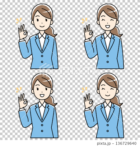 插圖：一位身穿西裝的年輕女子麵帶微笑，並做出「OK」手勢 136729640