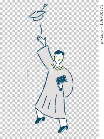 アカデミックガウンを着て角帽を投げる男性のイラスト 136730371