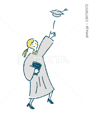 アカデミックガウンを着て角帽を投げる女性のイラスト 136730372