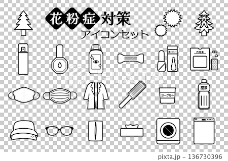 花粉症対策アイコンセット｜マスク・薬・メガネ・スプレーなど春のアレルギー予防素材 136730396