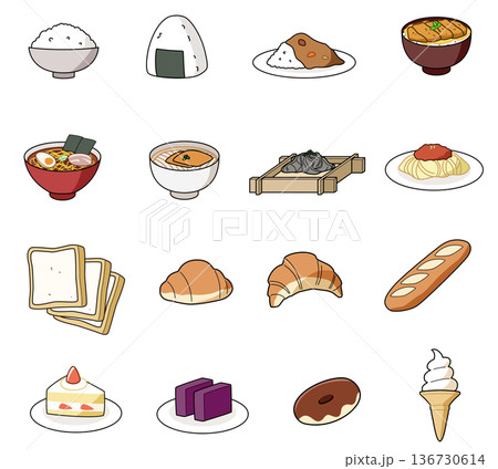 炭水化物を多く含む食品のイラスト16種類セット 136730614