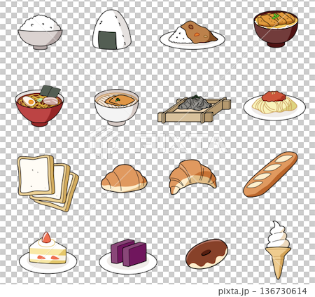 炭水化物を多く含む食品のイラスト16種類セット 136730614