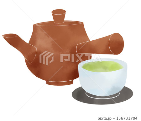 水彩風の急須と緑茶のイラスト お茶の時間・休息・和風のライフスタイル素材 水彩風の急須と緑茶のイラスト お茶の時間・休息・和風のライフスタイル素材 136731704