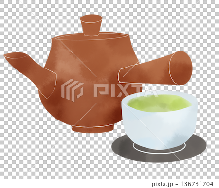 Watercolor illustration of a teapot and green tea. Tea time, rest, Japanese lifestyle material. Watercolor illustration of a teapot and green tea. Tea time, rest, Japanese lifestyle material. 136731704
