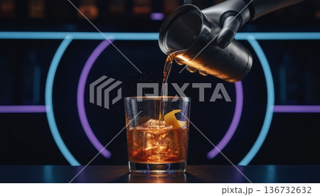 Robotic hand pouring amber cocktail from metal shaker into glass with ice and lemon peel on dark bar counter with neon lights 136732632