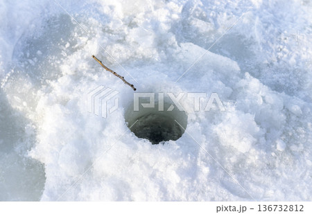 The image shows a hole cut into a frozen lake, commonly used for ice fishing The image shows a hole cut into a frozen lake, commonly used for ice fishing 136732812