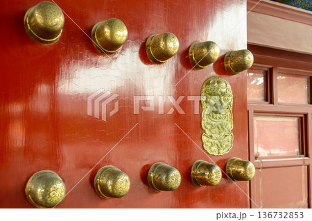 Historic door in the Temple of Ancient Monarchs in Xicheng District in Beijing, China Historic door in the Temple of Ancient Monarchs in Xicheng District in Beijing, China 136732853