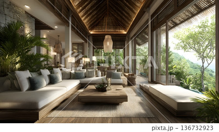 Tropical luxury villa living room natural airflow 3D rendering 136732923