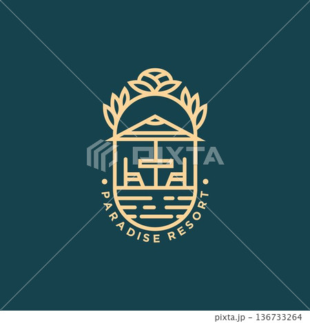 paradise resort minimalist line art logo template vector illustration design. simple modern resort logo concept 136733264
