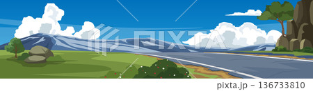 Landscape depicts an empty paved road. Winding through a valley with cliffs covered in green shrubs. Distant mountains a blue sky with fluffy white clouds and a backdrop of vast grasslands. Landscape depicts an empty paved road. Winding through a valley with cliffs covered in green shrubs. Distant mountains a blue sky with fluffy white clouds and a backdrop of vast grasslands. 136733810