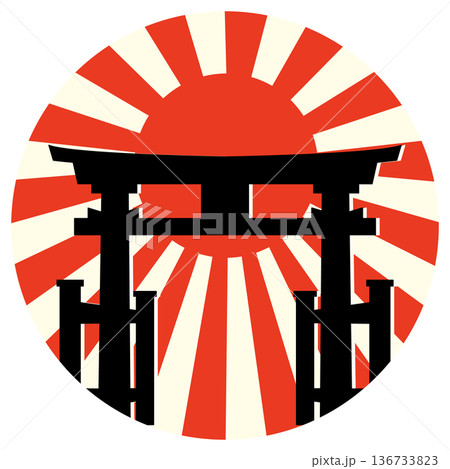 Torii Gate Silhouette Against Rising Sun Vector Background Torii Gate Silhouette Against Rising Sun Vector Background 136733823