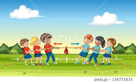 Diverse Group of Children Playing Tug of War in a Park Diverse Group of Children Playing Tug of War in a Park 136733833