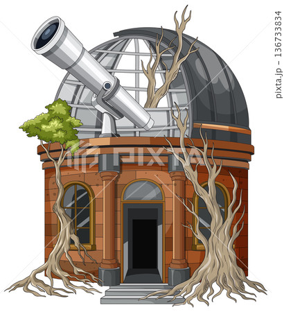 Abandoned Brick Observatory with Overgrown Trees and Telescope Abandoned Brick Observatory with Overgrown Trees and Telescope 136733834