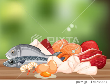Assorted Protein-Rich Foods on Wooden Table with Nature Background 136733844