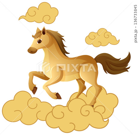 Golden Horse Chinese Zodiac Vector Illustration Running Through Stylized Clouds 136733845